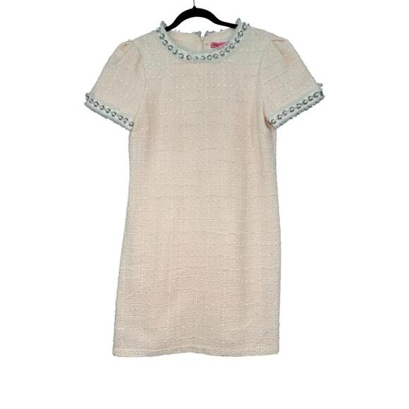 Betsey Johnson Pink Imitation Pearl Bouclé Tweed Shift Dress Size 10 Embellished - Picture 2 of 5
